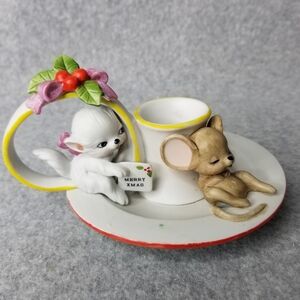 Vintage George Good Christmas Porcelain Taper Candle‎ Holder Cat and Mouse